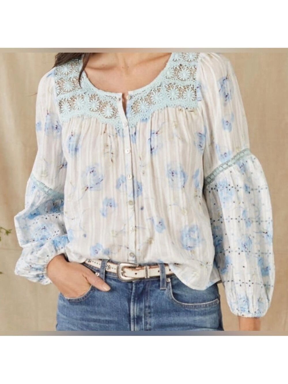 LoveShackFancy Belle Revival Blue Floral Puff Sleeve Cotton Blouse size medium